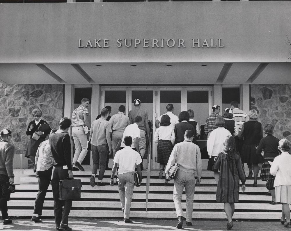 1960's people walking into lake superior hall